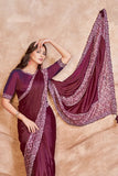 Elegant Wine Satin Crepe Silk Embroidered Ready To Wear Saree - women's fashion mart
