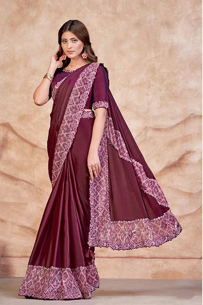 Elegant Wine Satin Crepe Silk Embroidered Ready To Wear Saree - women's fashion mart