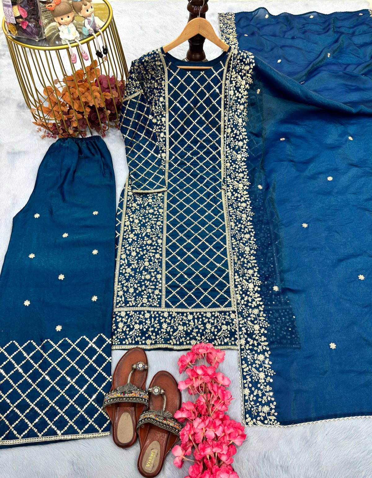 Admiring Embroidery Work Blue Color Palazzo Suit