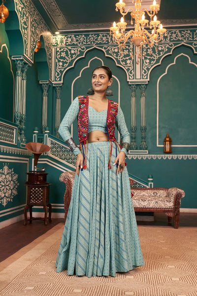 Pleasing Pista Green Rayon Navratri Jacket Lehenga Choli - women's fashion mart