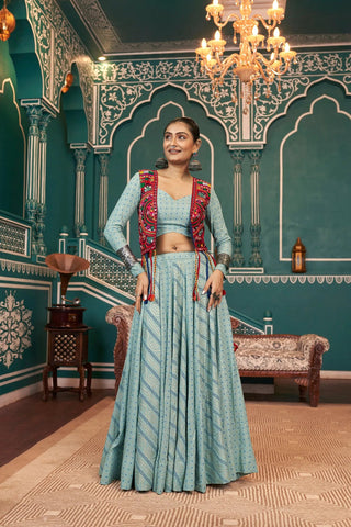 Pleasing Pista Green Rayon Navratri Jacket Lehenga Choli - women's fashion mart