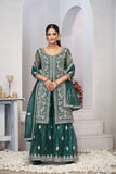 Turquoise Sequins Embroidered With Real Mirror Work Sharara Set Of 3 - women's fashion mart
