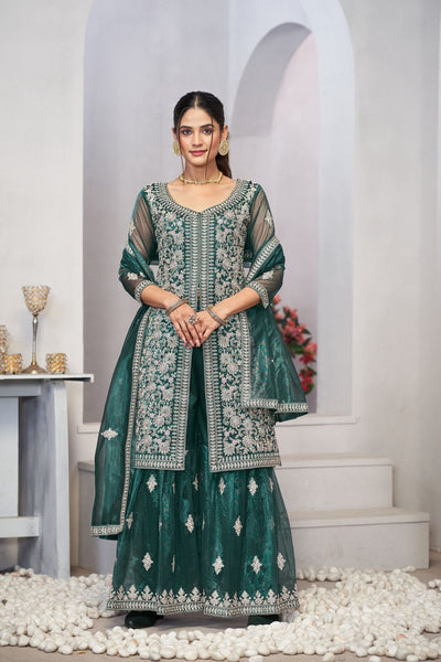 Turquoise Sequins Embroidered With Real Mirror Work Sharara Set Of 3 - women's fashion mart