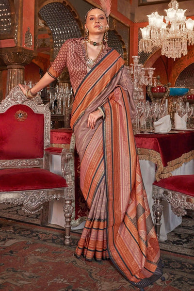 Dignified Dusty Brown Kanjivaram and Patola Printed Silk Saree -Saree Unstitched women's fashion mart