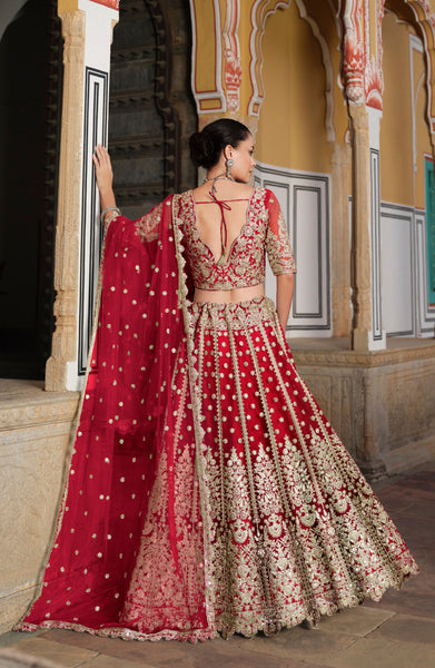 Red Sequined Embroidered Net Bridal Lehenga Choli - women's fashion mart