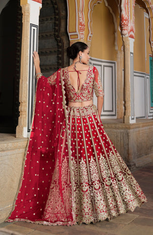 Red Sequined Embroidered Net Bridal Lehenga Choli - women's fashion mart