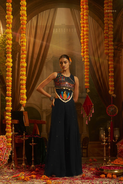 Black Georgette Designer Festive Set With Thread, Mirror And Shell Handwork