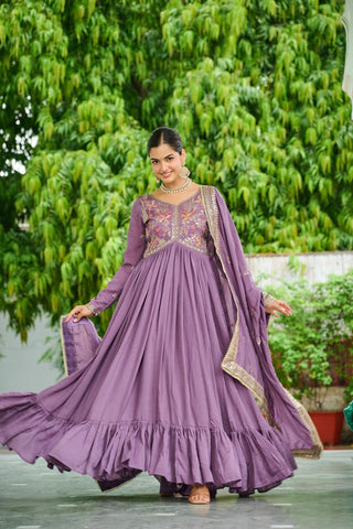 Designer Vichitra Silk Gown with Zari & Thread Embroidery and Dupatta Party Wear Dress
