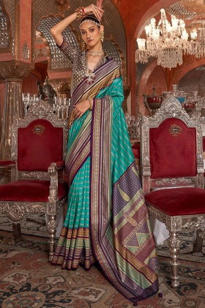 Astonishing Aqua Blue Kanjivaram and Patola Printed Silk Saree - women's fashion mart