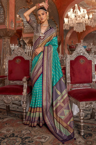 Astonishing Aqua Blue Kanjivaram and Patola Printed Silk Saree - women's fashion mart