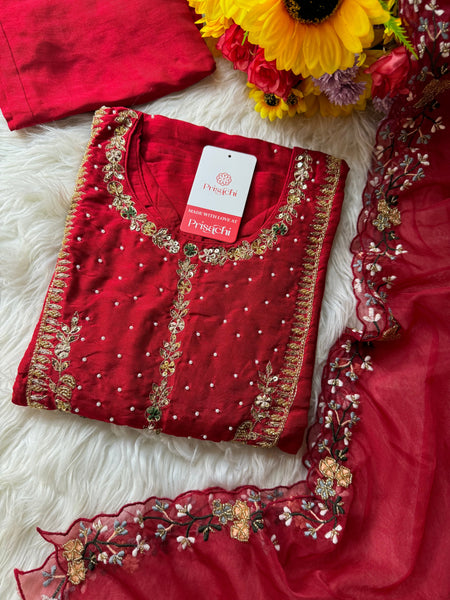 Red embroidered kurta set with dupatta  women's fashion mart