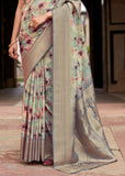 Ash Grey Woven Banarasi Silk Saree With Digital Print