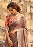 Earthy Brown Woven Linen Saree With Khadi Print Blouse
