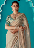 Crystal Grey Designer Embroidered Silk Saree With Contrast Blouse