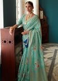 Turquoise Green Woven Banarasi Silk Saree With Floral Print