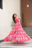 Floral Printed Georgette Women Tiered Gown