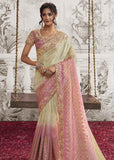Cream And Pink Heavy Embroidered Designer Silk Saree