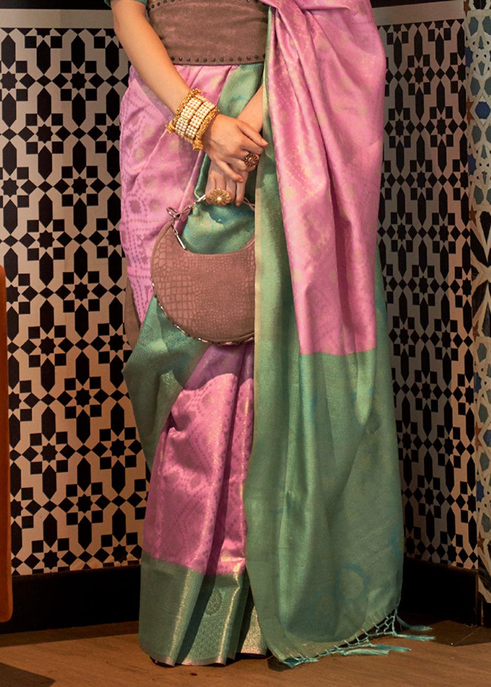 Lotus Pink And Green Woven Banarasi Silk Saree