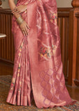 Beautiful Rose Pink Woven Banarasi Tissue Organza Silk Saree With Digital Print