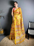 Mustard Kota Doriya Kalamkari Print Saree