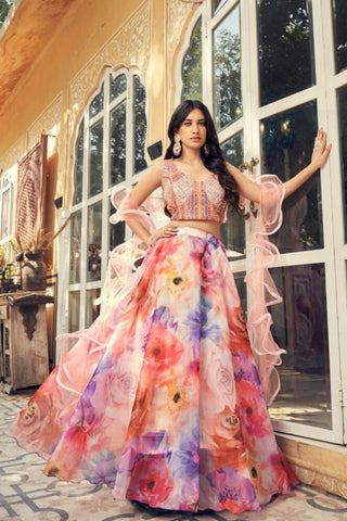 Multi Color Organza Printed Real Mirror With Sequins Embroidery Work Wedding Lehenga - women's fashion mart