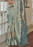Antique Blue Woven Banarasi Tissue Organza Silk Saree With Digital Print