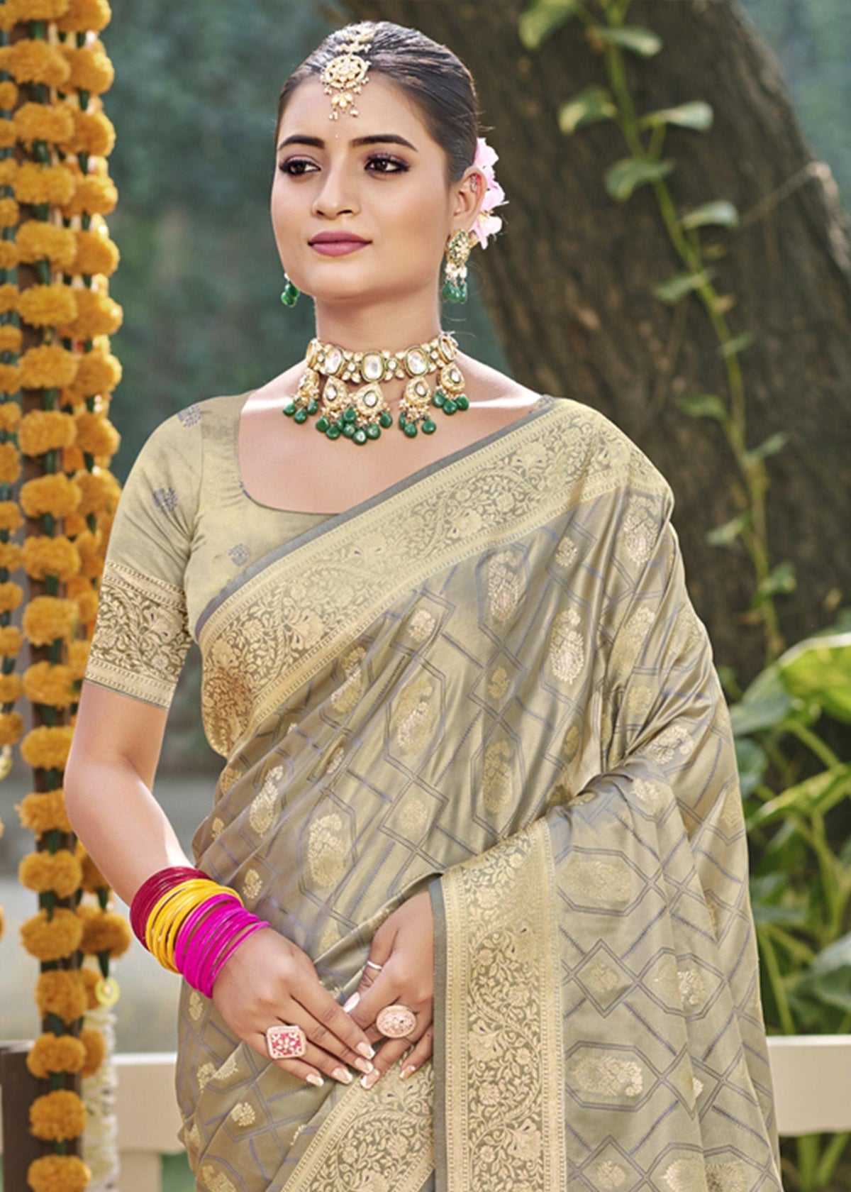 Moss Grey Woven Banarasi Satin Silk Saree