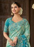 Turquoise Blue Heavy Embroidered Designer Silk Saree