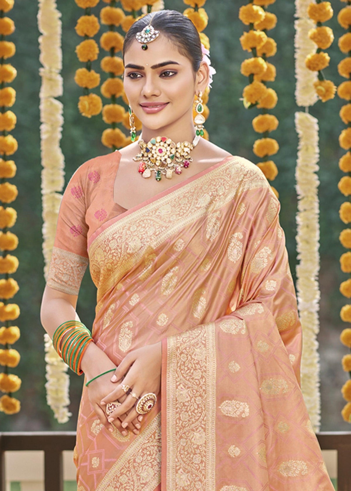 Coral Peach Woven Banarasi Satin Silk Saree