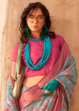 Aqua Blue Georgette Silk Saree With Floral Print