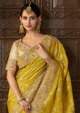 Blazing Yellow Heavy Embroidered Designer Silk Saree