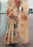 Day Beige Woven Linen Silk Saree With Print