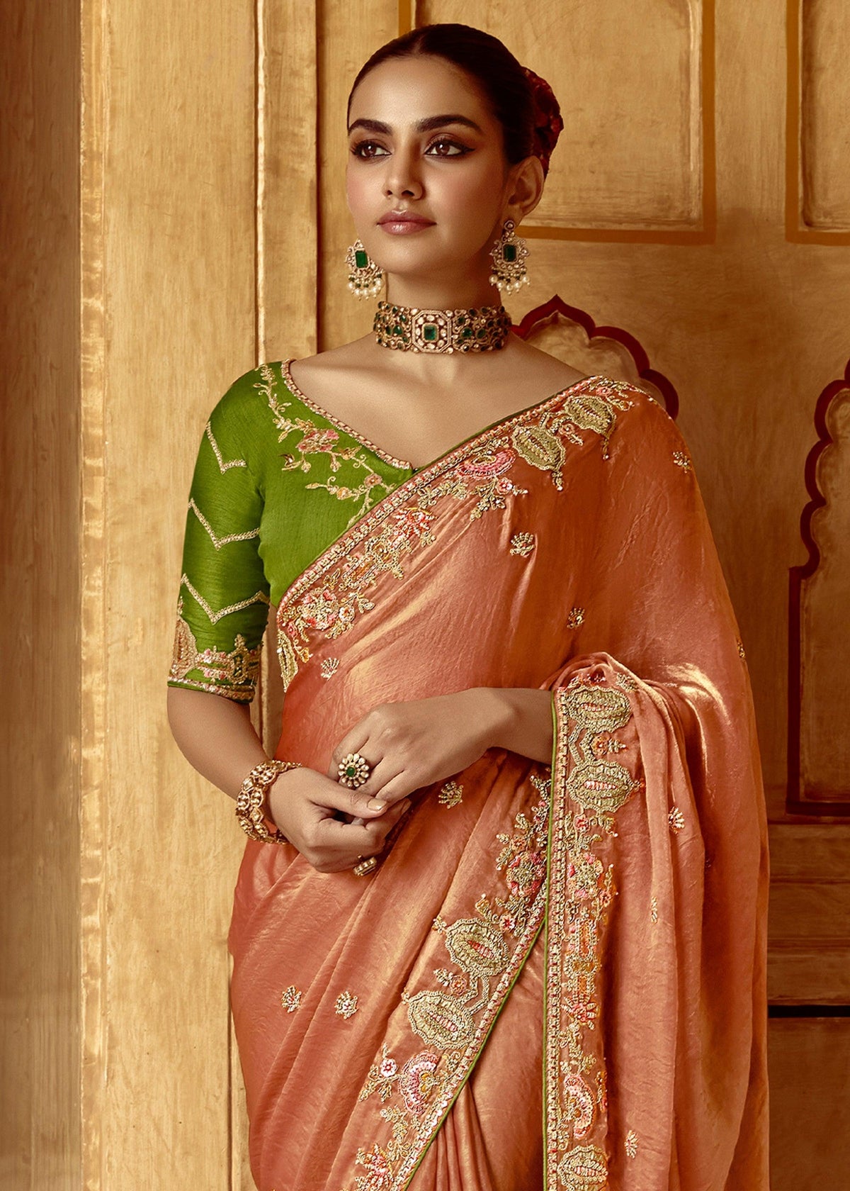 Apricot Peach Heavy Embroidered Designer Silk Saree