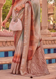 Brown And Grey Printed Banarasi Soft Silk Saree With Digital Print