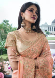 Coral Peach Heavy Embroidered Designer Silk Saree