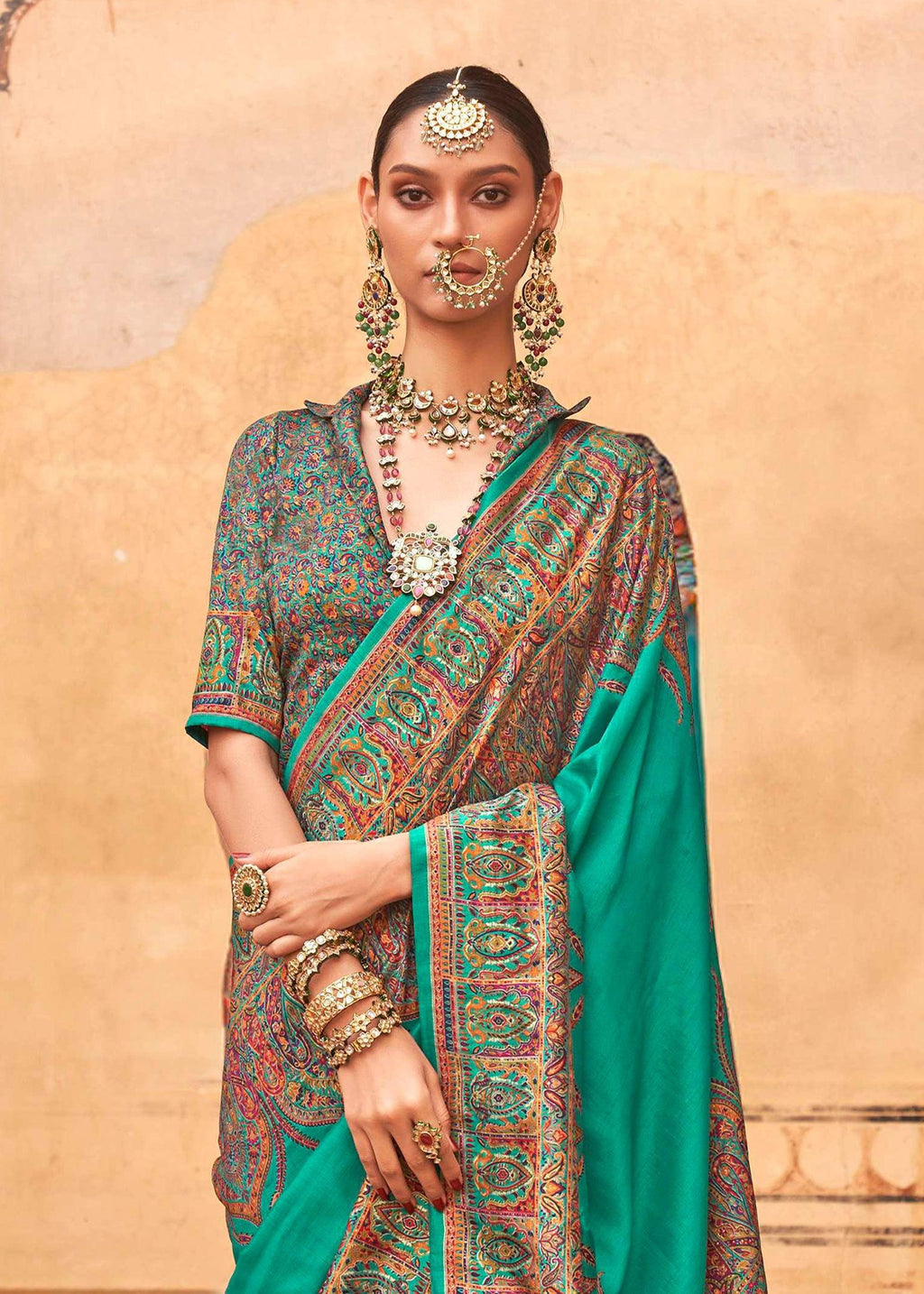 Pine Green Printed Kashmiri Jamewar Saree