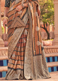 Deep Brown Printed Banarasi Soft Silk Saree With Digital Print