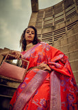 Bright Red Woven Satin Silk Banarasi Saree With Brocade Blouse
