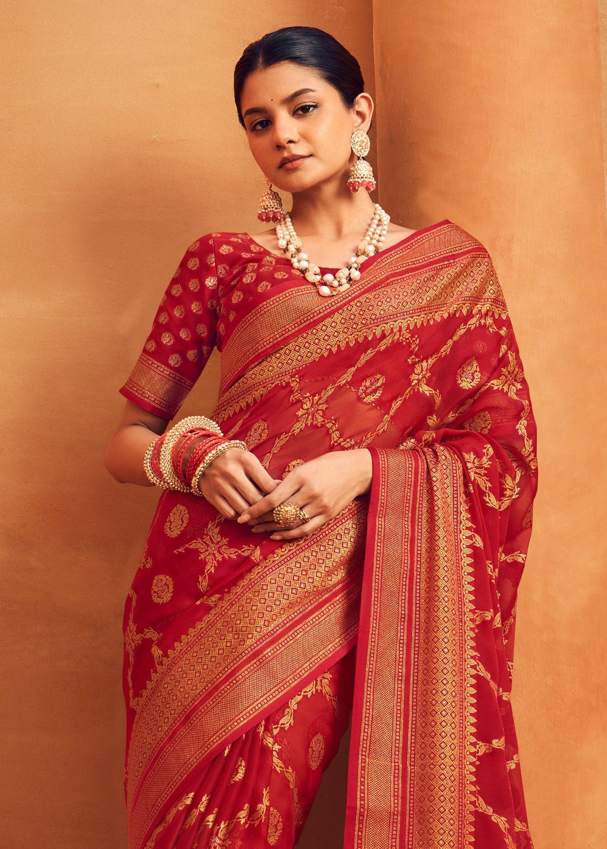Bridal Red Printed Georgette Silk Saree