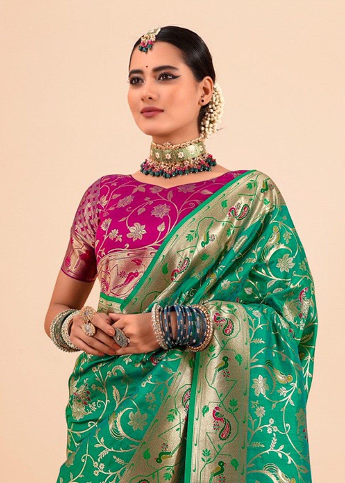 Ming Green Woven Paithani Silk Saree With Contrast Blouse