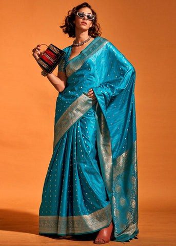 Beaming Blue Dual Tone Banarasi Satin Silk Saree