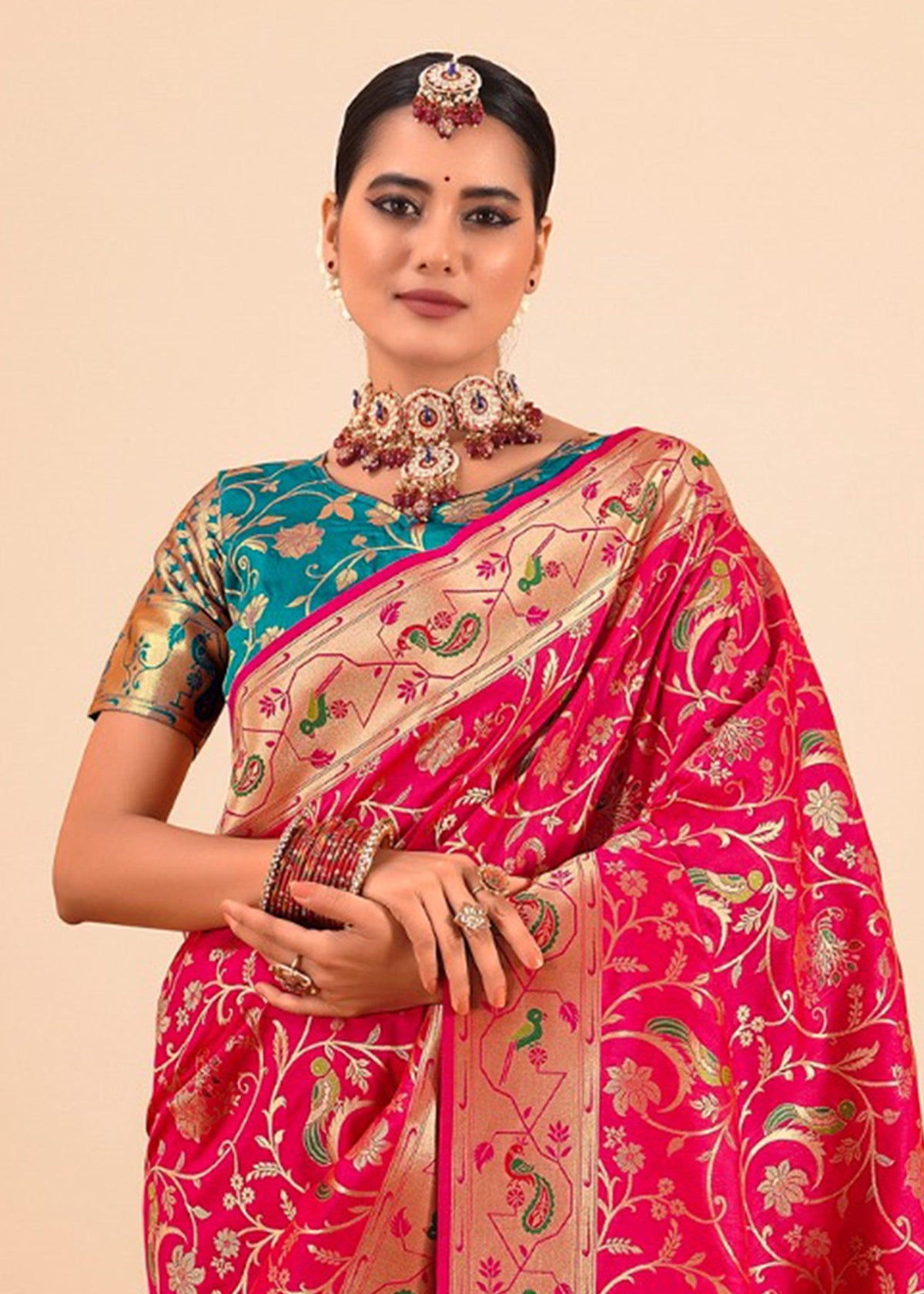 Bridal Red Woven Paithani Silk Saree With Contrast Blouse