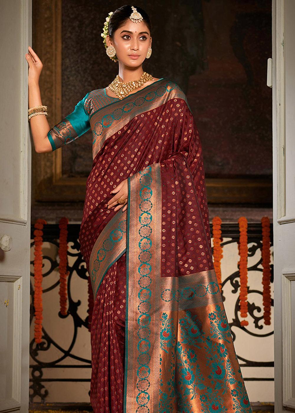 Claret Maroon Woven Banarasi Silk Saree