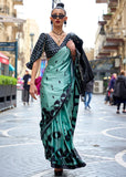Aqua Blue Printed Satin Silk Saree