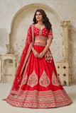 Crimson Elegance Minimalist Peacock And Leaf Motif Bridal Lehenga