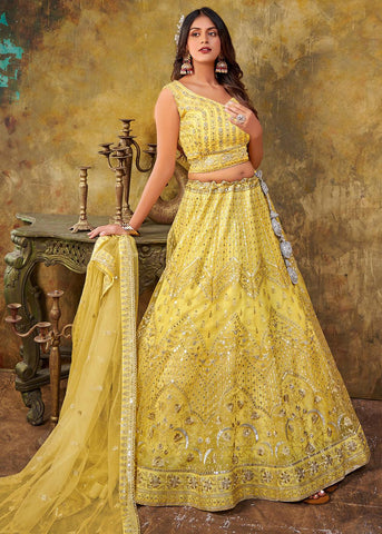 Lime Yellow  Heavy Embroidered Designer Lehenga