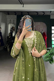 Olive Green Gold Coin Sequins Tread Embroidery Work Ethnic Dress