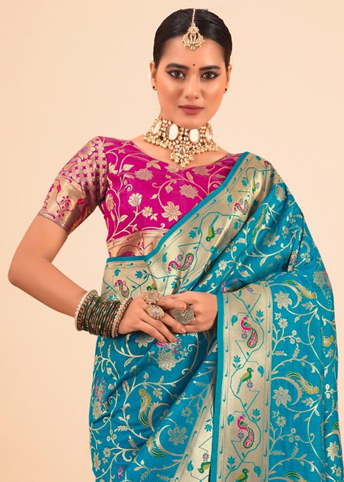 Dive Blue Woven Paithani Silk Saree With Contrast Blouse
