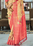 Yellow And Pink Woven Banarasi Soft Silk Saree With Digital Print