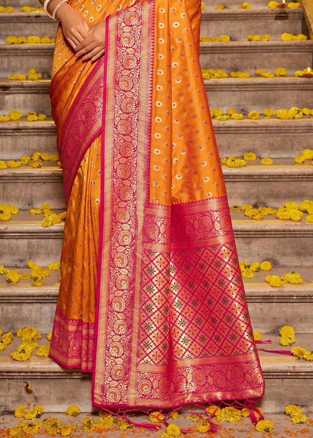 Aamras Yellow Woven Banarasi Silk Saree With Brocade Blouse